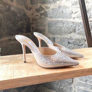 Jimmy Choo Crystal Embellished Satin Rav 100 Heeled Mules